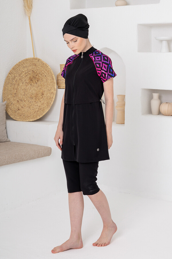 Black UV Protection Sport Lycra Semi-Covered Modest Swimsuit Set 1607 Black04 - Thumbnail