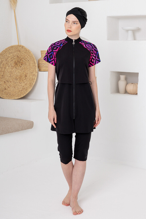 Black UV Protection Sport Lycra Semi-Covered Modest Swimsuit Set 1607 Black04 - Thumbnail