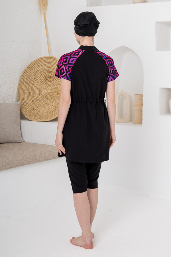 Black UV Protection Sport Lycra Semi-Covered Modest Swimsuit Set 1607 Black04 - Thumbnail