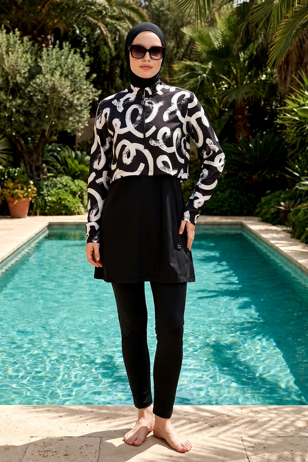 Black and White Geometric Print Full-Cover Swimwear Set - Thumbnail