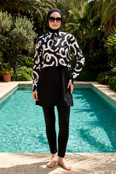 Haliç Mayo - Black and White Geometric Print Full-Cover Swimwear Set
