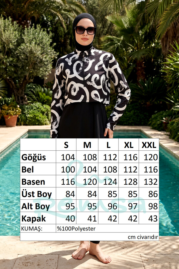 Black and White Geometric Print Full-Cover Swimwear Set - Thumbnail