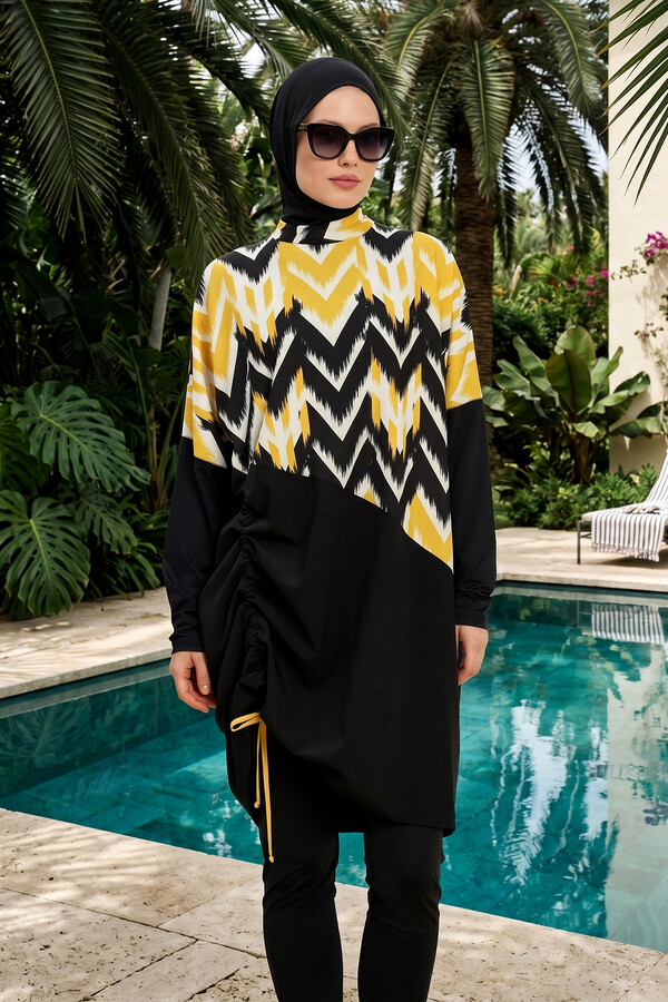 Black and Yellow Geometric Print Full-Cover Swimwear Set - Thumbnail