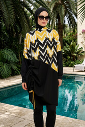 Haliç Mayo - Black and Yellow Geometric Print Full-Cover Swimwear Set