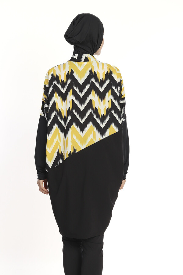 Black and Yellow Geometric Print Full-Cover Swimwear Set - Thumbnail