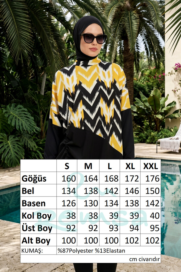 Black and Yellow Geometric Print Full-Cover Swimwear Set - Thumbnail