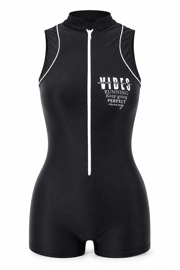 Black Zip-Front Swimsuit with Shorts - Thumbnail