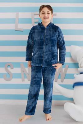 Aydogan - Blue Plaid Polar Pajama Set for Boys
