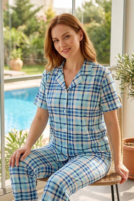 Remsa - Blue and White Plaid Short-Sleeve Pajama Set