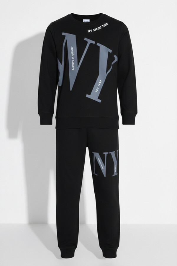 Boys' Button-Up Knit Pajama Set 4104 Black01 - Thumbnail