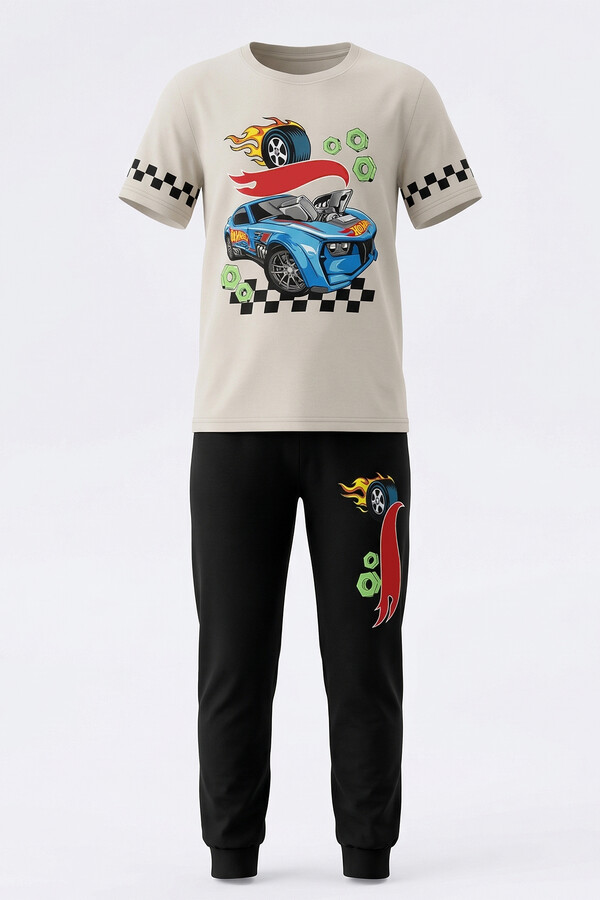 Boys Cotton Flannel Pajama Set 4294 Beige - Thumbnail