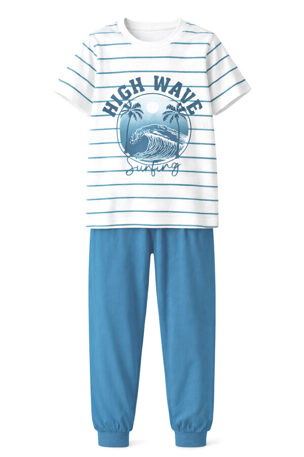 Boys' Cotton Flannel Pajama Set in Blue Stripe - Thumbnail
