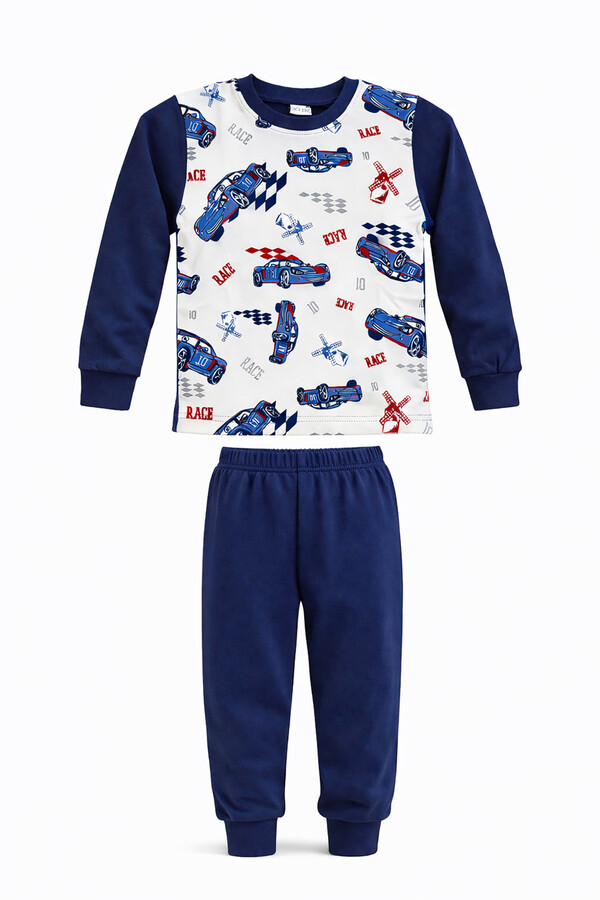 Boys Cotton Patterned Pajama Set 6068-15 Navy - Thumbnail