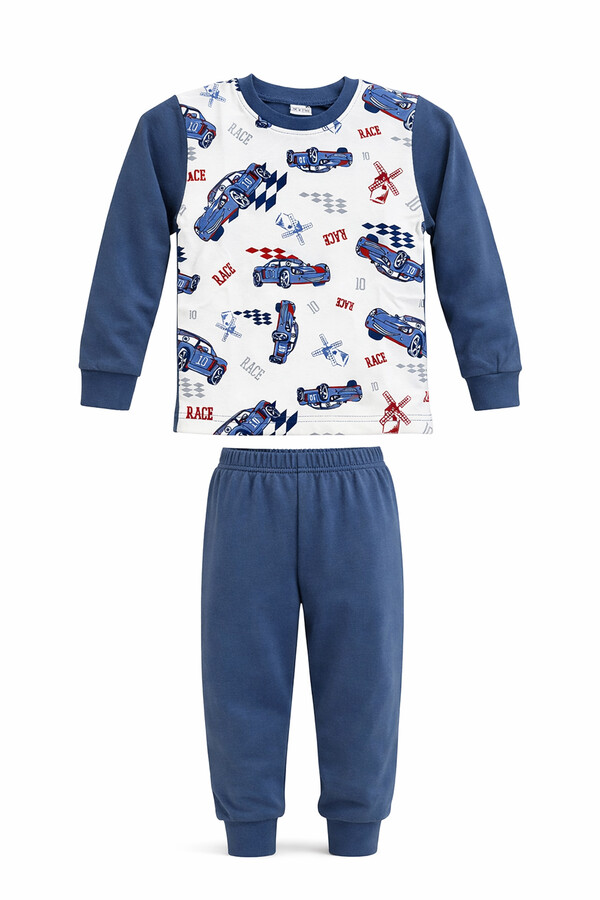 Boys Cotton Patterned Pajama Set 6068-16 Indigo - Thumbnail