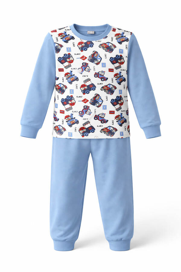 Boys Cotton Patterned Pajama Set 6068-20 Blue - Thumbnail
