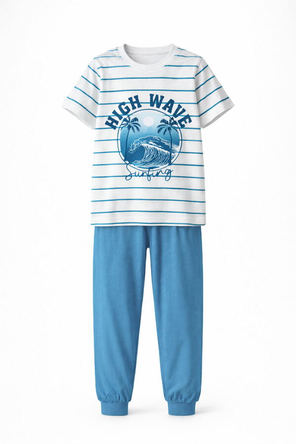 Boys Cotton Satin Striped Pajama Set 4277 Blue01 - Thumbnail