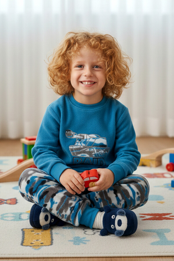 Boys Velvet Print Pajama Set 1669 Petrol01 - Thumbnail