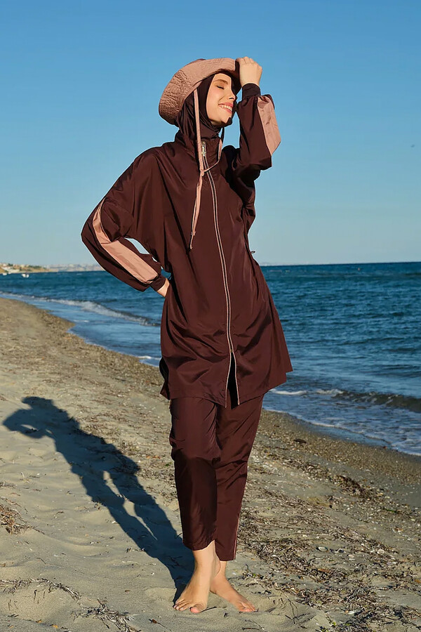 Brown Full-Cover Modest Swimwear Set with Swim Cap - Thumbnail