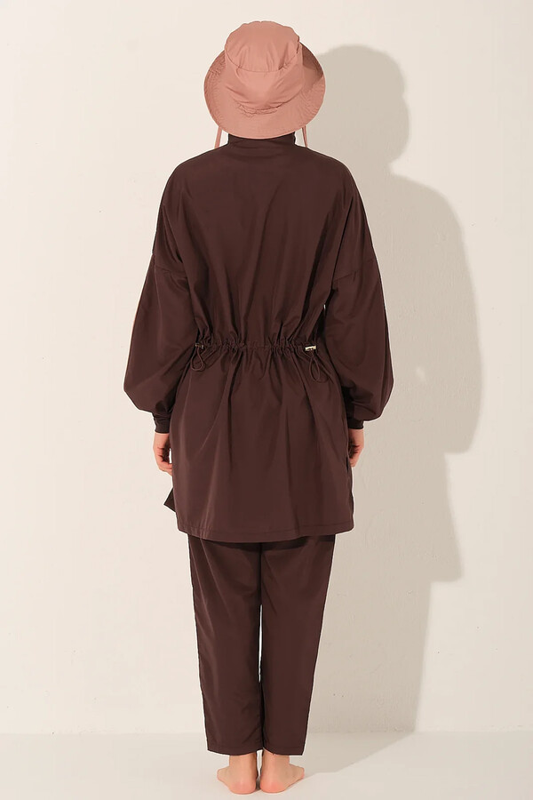 Brown Full-Cover Modest Swimwear Set with Swim Cap - Thumbnail