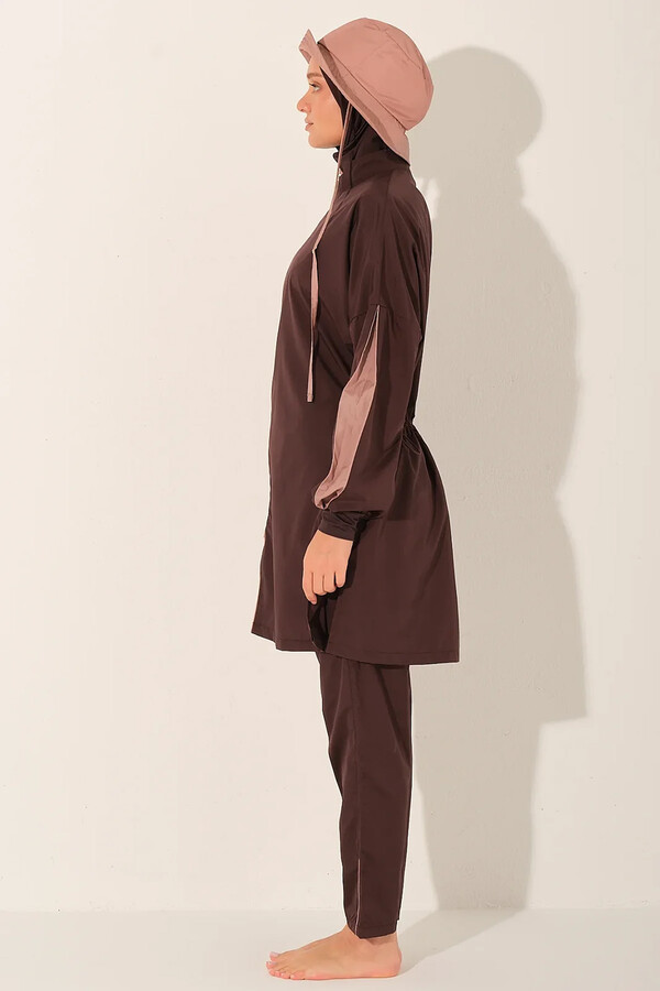 Brown Full-Cover Modest Swimwear Set with Swim Cap - Thumbnail