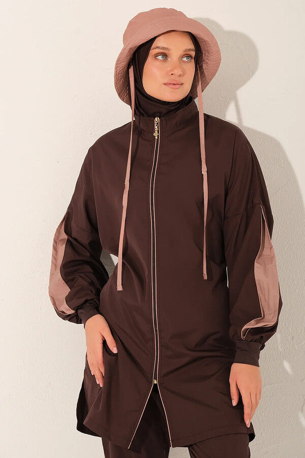 Brown Full-Cover Modest Swimwear Set with Swim Cap - Thumbnail