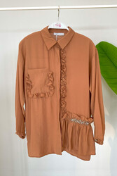 Lale Butik - Brown Ruffle Detail Ayrobin Shirt Tunic 4195