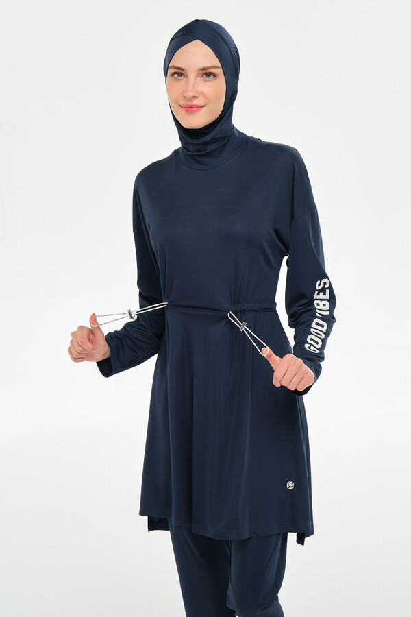 Butterfly Sleeve Full-Cover Swimwear Set in Navy - Thumbnail