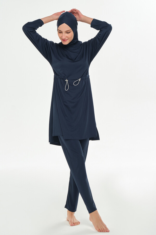 Butterfly Sleeve Full-Cover Swimwear Set in Navy - Thumbnail