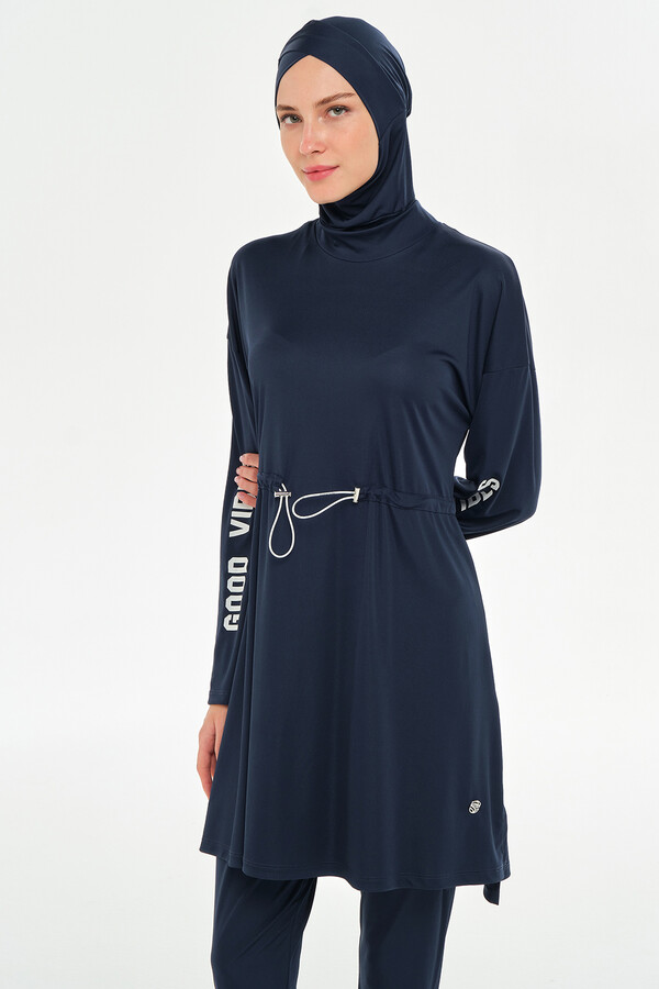 Butterfly Sleeve Full-Cover Swimwear Set in Navy - Thumbnail