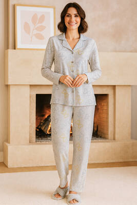 Remsa - Button-Front Striped Supreme Pajama Set in Grey