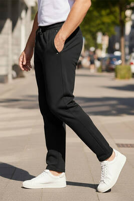 Remsa - Büyük Beden Beli Lastikli Paçası Düz Erkek Üç Cepli Eşofman Altı 340 Siyah