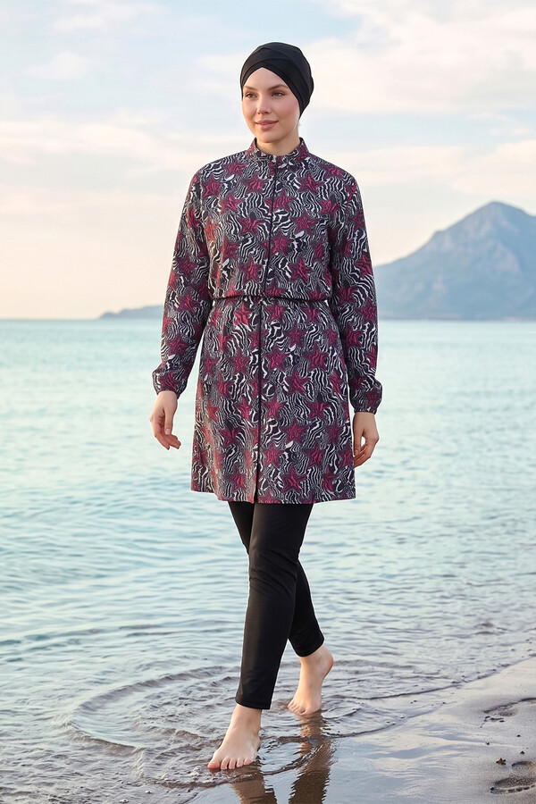 Büyük Beden Desenli Tam Kapalı Tesettür Mayo 11 Siyah07 - Thumbnail