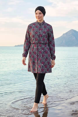 Haliç Mayo - Büyük Beden Desenli Tam Kapalı Tesettür Mayo 11 Siyah07