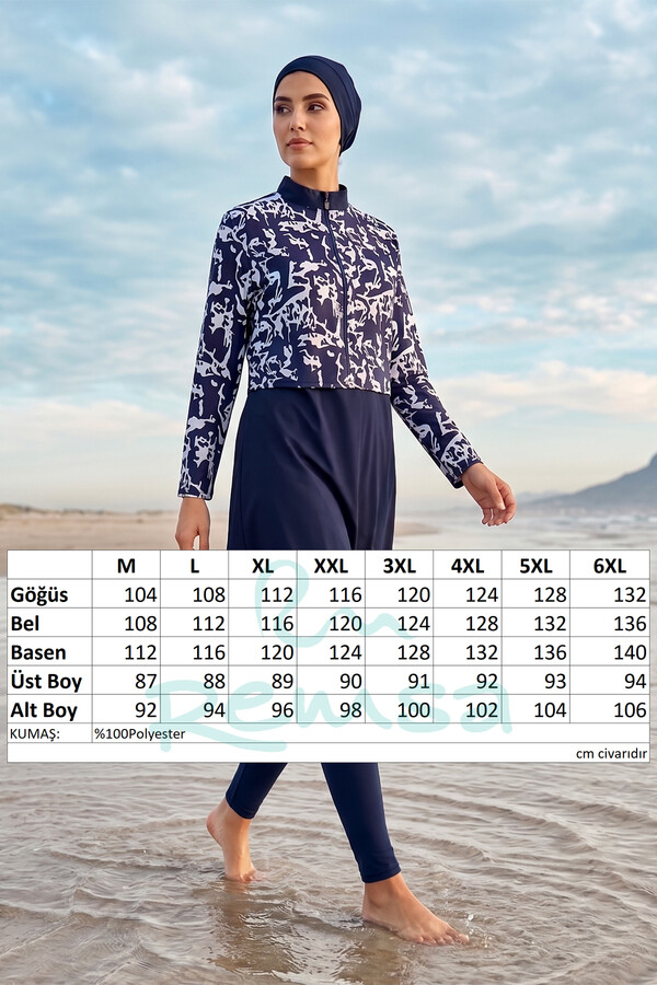 Büyük Beden Desenli Tam Kapalı Tesettür Mayo 12 Lacivert - Thumbnail