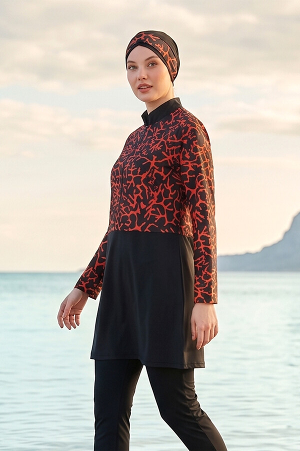 Büyük Beden Desenli Tam Kapalı Tesettür Mayo 16 Siyah03 - Thumbnail