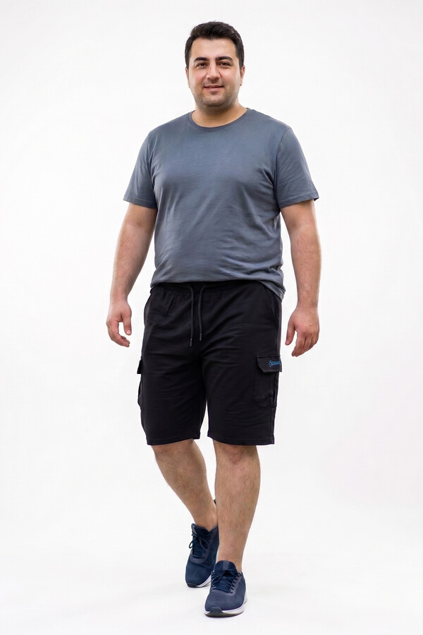 Büyük Beden Erkek Kargo Cepli Pamuklu Kapri 0781 Siyah - Thumbnail