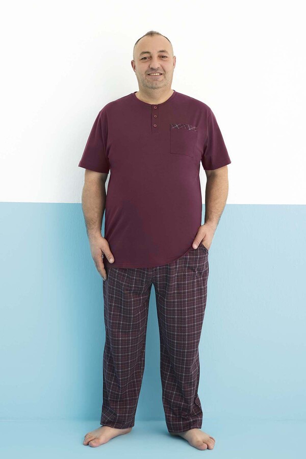 Büyük Beden Erkek Kısa Kol Modal Pijama Takım 250180 Bordo03 - Thumbnail
