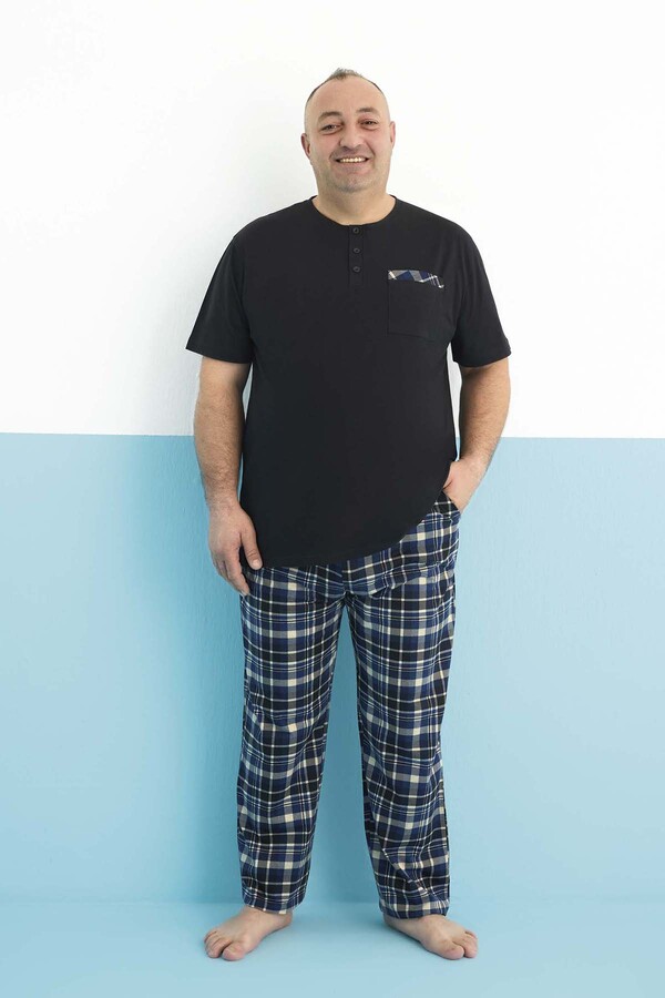 Büyük Beden Erkek Kısa Kol Süprem Pamuklu Pijama Takımı 250003 Siyah - Thumbnail