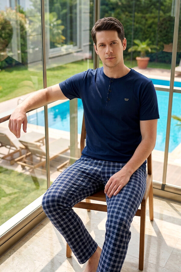 Büyük Beden Erkek Penye Kısa Kol Pijama Takımı 2345 Lacivert - Thumbnail