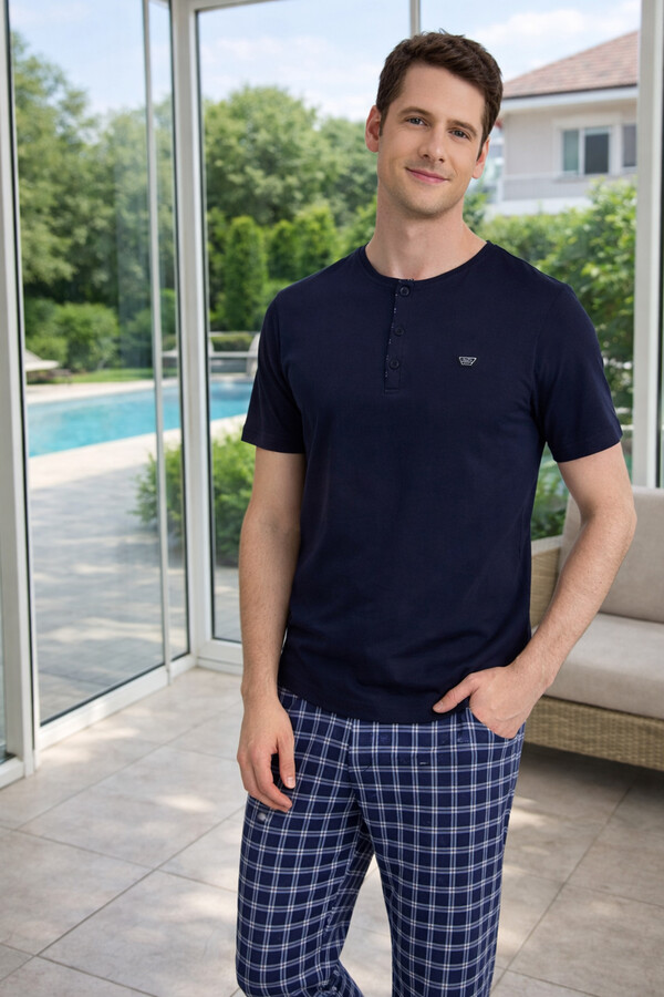 Büyük Beden Erkek Penye Kısa Kol Pijama Takımı 2345 Lacivert - Thumbnail