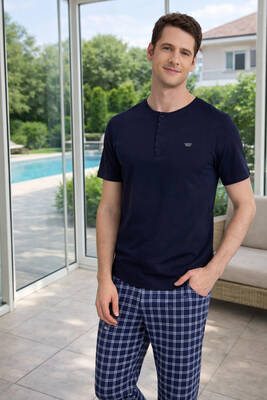 Remsa - Büyük Beden Erkek Penye Kısa Kol Pijama Takımı 2345 Lacivert (1)