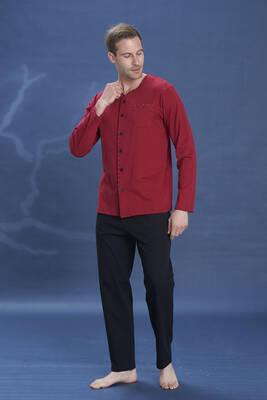 Remsa - Büyük Beden Erkek Penye Uzun Kol Pijama Takımı 2141 Bordo