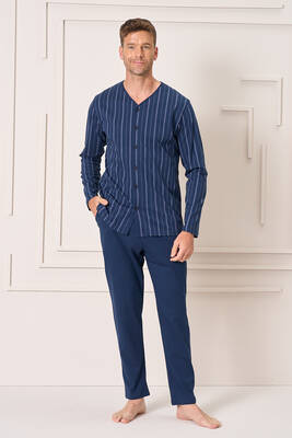 Remsa - Büyük Beden Erkek Penye Uzun Kol Pijama Takımı 2144 Lacivert01