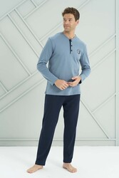 Remsa - Büyük Beden Erkek Penye Uzun Kol Pijama Takımı 2202 Mavi
