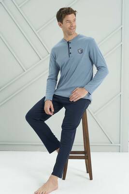 Remsa - Büyük Beden Erkek Penye Uzun Kol Pijama Takımı 2202 Mavi (1)