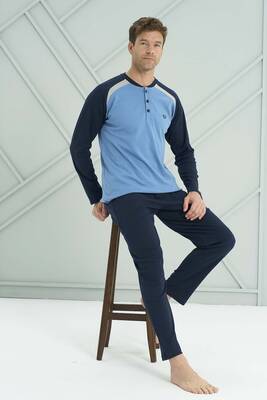 Remsa - Büyük Beden Erkek Penye Uzun Kol Pijama Takımı 2211 İndigo02