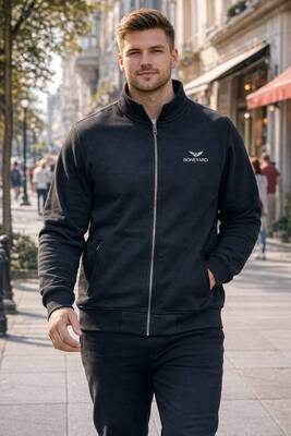 Remsa - Büyük Beden Erkek Üç İplik Şardonlu Pamuklu Önü Fermuarlı Tek Üst Ceket 0316 Siyah