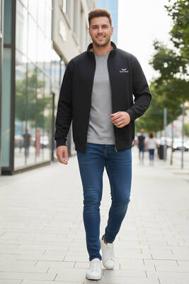 Remsa - Büyük Beden Erkek Üç İplik Şardonlu Pamuklu Önü Fermuarlı Tek Üst Ceket 0316 Siyah (1)