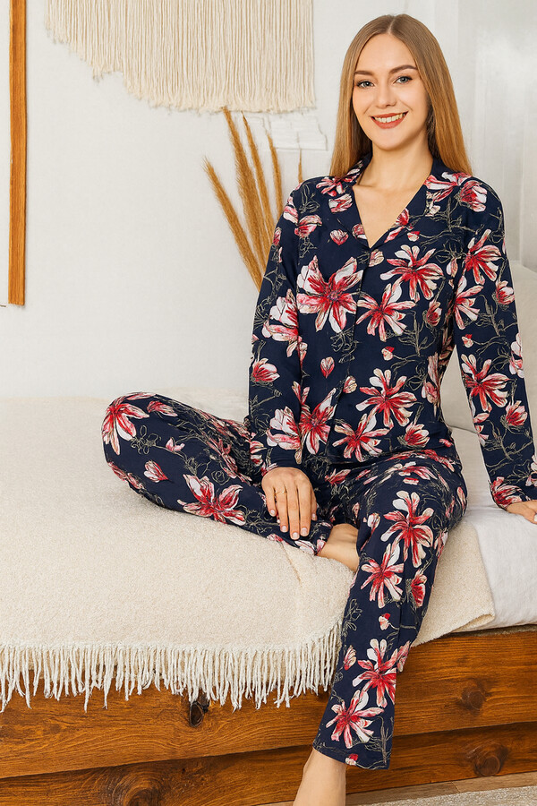 Büyük Beden Kadın Çiçek Desen Saphire Düğmeli Pijama Takımı 0503 Siyah06 - Thumbnail