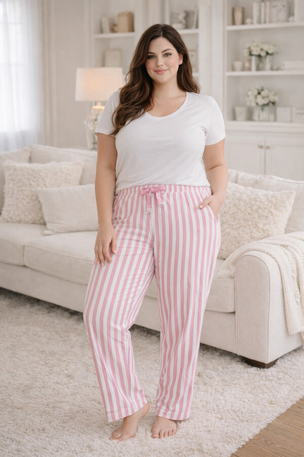 Büyük Beden Kadın Çizgi Desen Viskon Kumaş Penye Battal Tek Pijama Alt 11 Pembe - Thumbnail